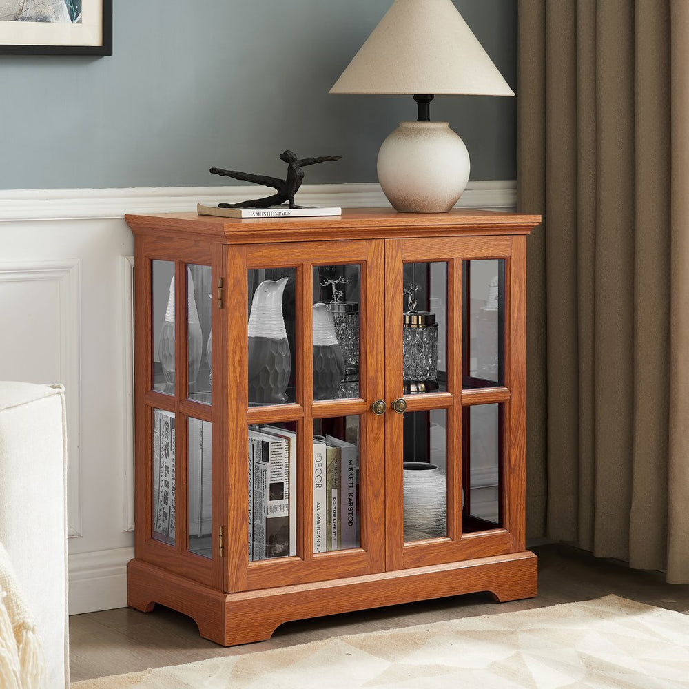 English Elm LED Antique Glass Display Cabinet with 7-Color Bluetooth LED, Adjustable Shelves, Vintage Lattice Doors, Remote Controlled Elegance Dark Oak W2275P292660