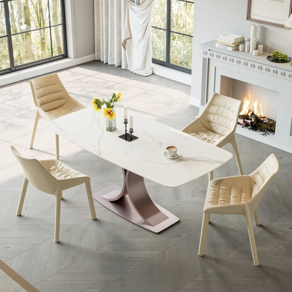 English Elm Carbon Steel Dining Table with Stone Top and Matte Black Frame for Modern Rooms W1002S00004