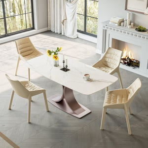 English Elm Carbon Steel Dining Table with Stone Top and Matte Black Frame for Modern Rooms W1002S00004
