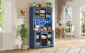 English Elm 70.9" Farmhouse Hutch Pantry with Led Lighting Wine Rack Mesh Doors and Built-in Power Navy Blue CH361426AAL