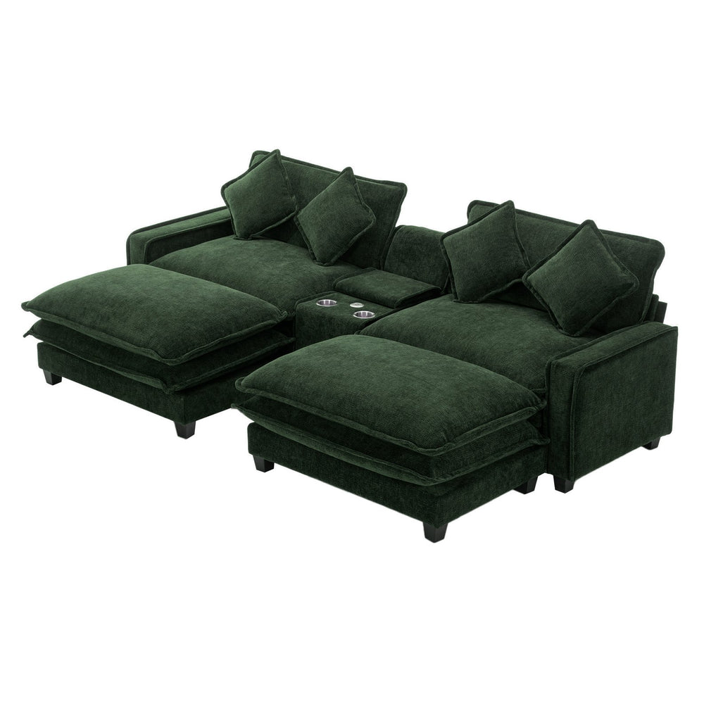 English Elm 111" Sectional Sofa Chenille Upholstered with Removable Ottoman, USB Ports, Cup Holders & Storage Box Green N719S001480F