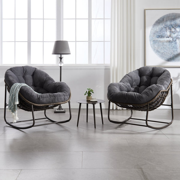 English Elm Outdoor Rattan Rocking Chair Oversized Hand-Woven Patio Egg Recliner with Plush Cushion Comfortably Rocking Grey W640P271518