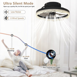 English Elm 16" Modern LED Ceiling Fan Light with Crystal Acrylic Ring, Hidden Blades, Remote & App Control, Dimmable Flush Mount Black W2312P368707