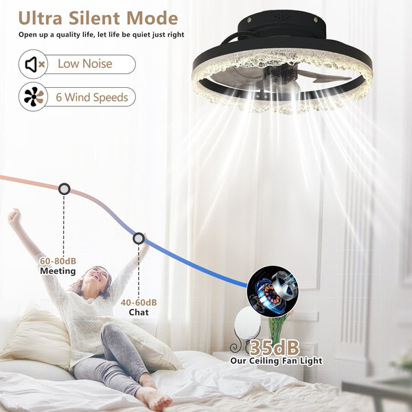 English Elm 16" Modern LED Ceiling Fan Light with Crystal Acrylic Ring, Hidden Blades, Remote & App Control, Dimmable Flush Mount Black W2312P368707
