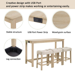 English Elm 4 Rustic Bar Table Set with Built-In Power, USB & Type-C, Water-Resistant Wood Grain Top, 59" L x 35.5" H Light Oak W1998P324485