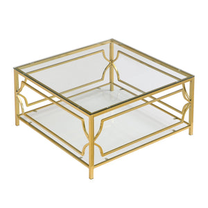 English Elm Square Glass Coffee Table 33.5" — Modern Tempered Glass Top with Gold Geometric Metal Frame & Shelf Transparent N735P326510K