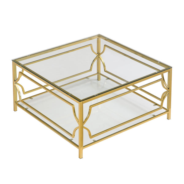 English Elm Square Glass Coffee Table 33.5" — Modern Tempered Glass Top with Gold Geometric Metal Frame & Shelf Transparent N735P326510K