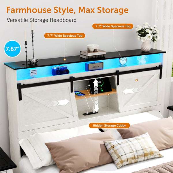English Elm Farmhouse Queen Size Bed Frame With Storage, Charging Station, Led Lights & Underbed Drawers, White W1550P343686