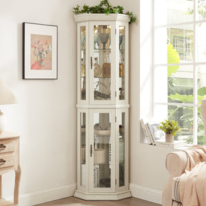 English Elm Lighted Corner Curio Cabinet - Elegant Glass Display With Adjustable Shelves & Bead Bulb Lighting - White W1758P300131
