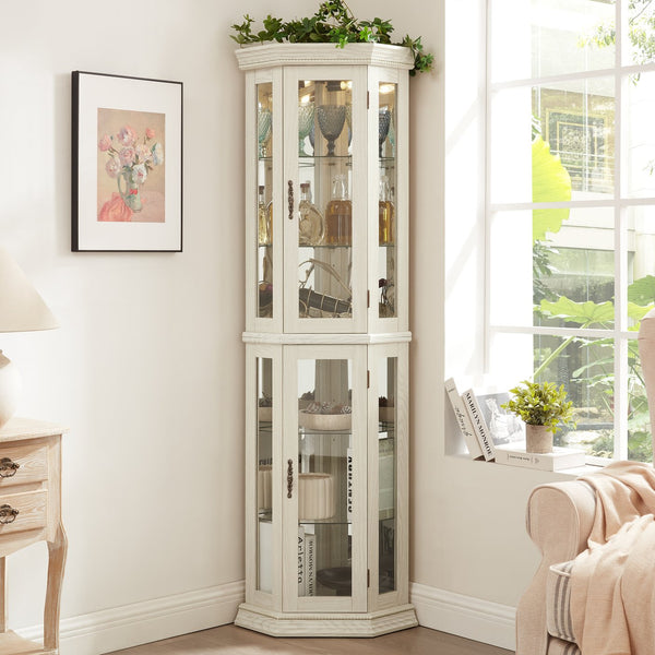 English Elm Lighted Corner Curio Cabinet - Elegant Glass Display With Adjustable Shelves & Bead Bulb Lighting - White W1758P300131