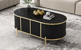 English Elm Modern Luxury Oval Shaped Fluted Coffee Table, Marble-Patterned Top Coffee Table With 2 Cabinets, Metal Legs and Handles For Living Room, Black (Date Of Expected Arrival: 11.20)