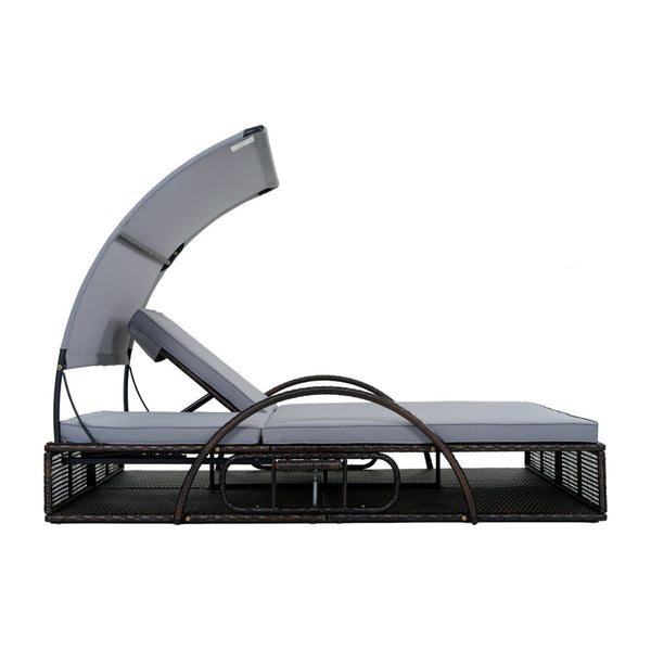 English Elm U_style Outdoor Double Sun Lounger Hdpe Wicker Steel Frame with Canopy Pop up Tables Gray WY000485AAE
