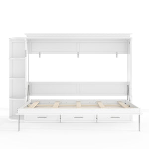 English Elm Queen Murphy Wall Bed with Side Cabinets Open Shelving and Drawers for Studio Rooms White W1580S00452
