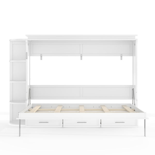 English Elm Queen Murphy Wall Bed with Side Cabinets Open Shelving and Drawers for Studio Rooms White W1580S00452