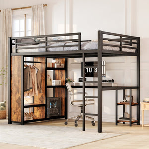 English Elm Queen Size Loft Bed Frame With Integrated Wardrobe, Desk & Storage Shelves For Space-Saving Style W1580S00178-GIGA