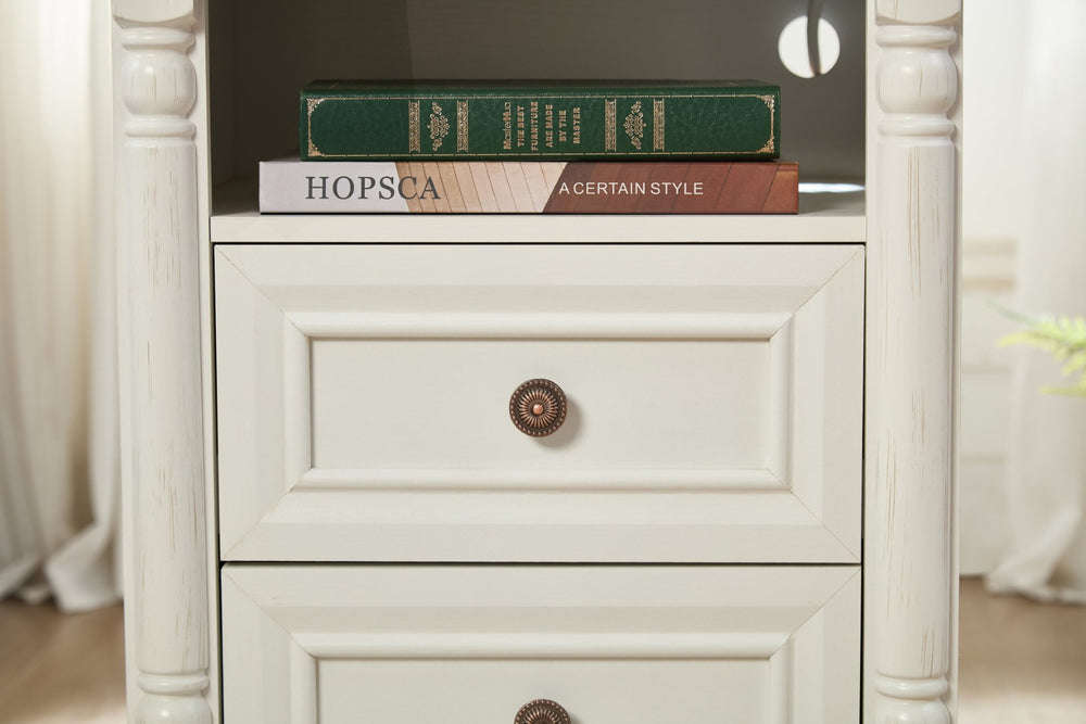 English Elm Farmhouse Rustic Nightstand with Built-in Charging Station Barn Wood Grain Storage White W2393P324429