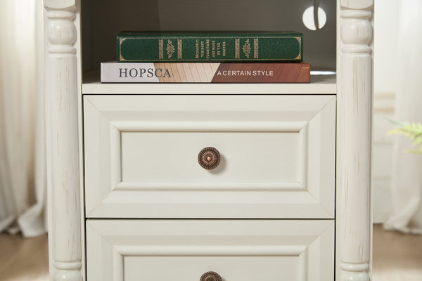 English Elm Farmhouse Rustic Nightstand with Built-in Charging Station Barn Wood Grain Storage White W2393P324429