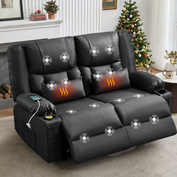 English Elm Recliner Loveseat with Massage Heat Pu Leather Dual Seating and Usb Charging Ports Black W1521S00082
