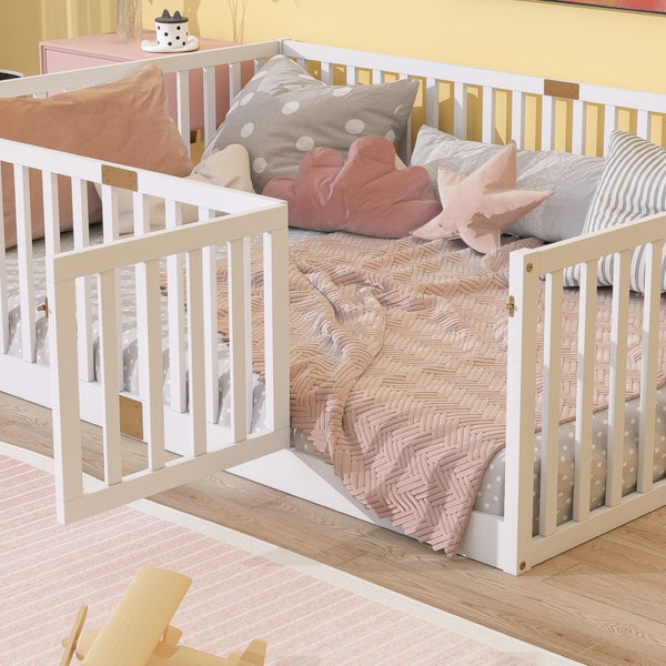 English Elm Twin Floor Bed Solid Rubber Wood with Tall Safety Railings for Toddler Sleep White W504P287658
