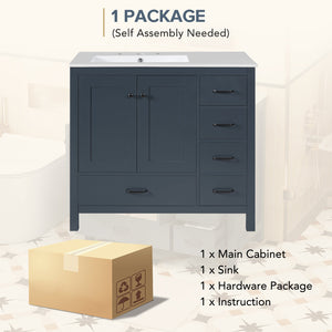 English Elm 36" Blue Bathroom Vanity with Ceramic Sink, 5 Drawers & Soft-Close Doors, Solid Wood Modern Storage N729P183735C