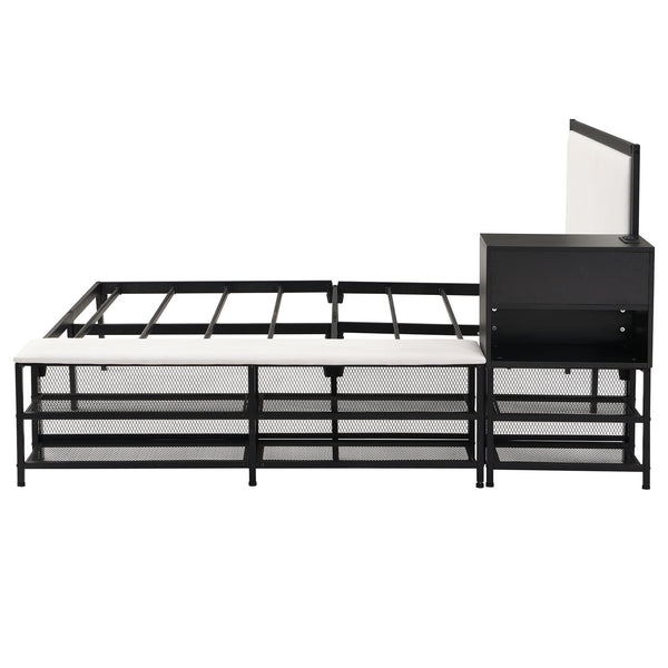 English Elm Full Metal Platform Bed With Stylish Two-Tier Storage Shelves & Cozy Upholstered Headboard, Black N737P199334B