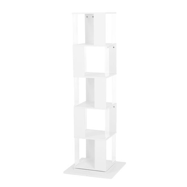 English Elm 5 tier rotating bookshelf with 360° swivel, large-capacity wood veneer rack with acrylic shelves and anti-tip base White W409P167480