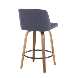 English Elm Toriano Mid-Century Modern Counter Stool Set Of 2 In Walnut & Blue Fabric - Stylish & Comfortable B202S00381-GIGA