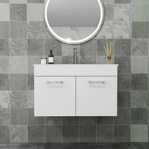English Elm 32-Inch Wall-Mounted Bathroom Vanity With Ceramic Sink, Soft-Close Doors & Modern Glossy Finish W3151S00026