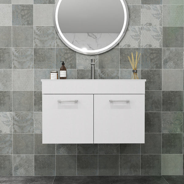English Elm 32-Inch Wall-Mounted Bathroom Vanity With Ceramic Sink, Soft-Close Doors & Modern Glossy Finish W3151S00026