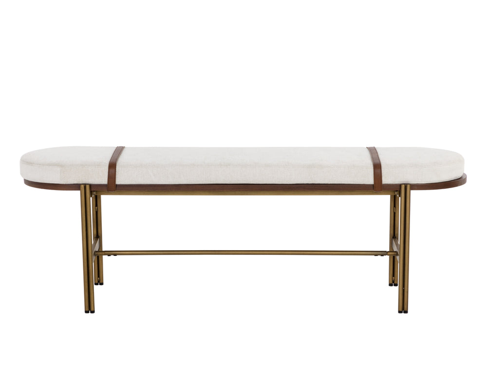 Sunpan Elaine Bench - Curved Silhouette in Polo Club Muslin with Walnut Veneer & Antique Brass Base