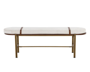 Sunpan Elaine Bench - Curved Silhouette in Polo Club Muslin with Walnut Veneer & Antique Brass Base
