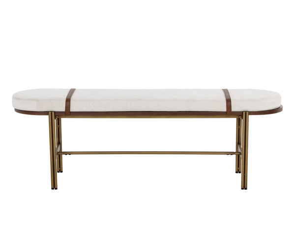 Sunpan Elaine Bench - Curved Silhouette in Polo Club Muslin with Walnut Veneer & Antique Brass Base