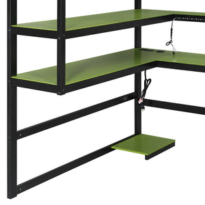 English Elm Full Size Gaming Loft Bed with Rgb Lights Wraparound Shelves and Built-in Usb Ports Green LT000299AAF