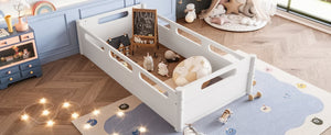 English Elm Twin Low Profile Floor Bed with Guardrails Pine Wood Frame Minimalist Bedroom White W1580P438763