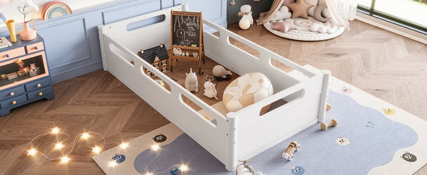 English Elm Twin Low Profile Floor Bed with Guardrails Pine Wood Frame Minimalist Bedroom White W1580P438763