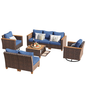 English Elm K&K 8-Piece Wicker Patio Set with 360° Swivel Rockers, Acacia Storage Table, Durable Cushions Blue+Brown N707S000016E