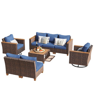 English Elm K&k 8 Piece Outdoor Wicker Sectional Set with Swivel Rockers and Acacia Storage Table Blue+Brown N707S005016E