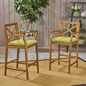 English Elm Christopher Knight Home® - PERLA Acacia Wood Outdoor Barstool Set of 2 with Water-Resistant Cushions, Cross-Back Farmhouse Charm Green 63748.00GRN