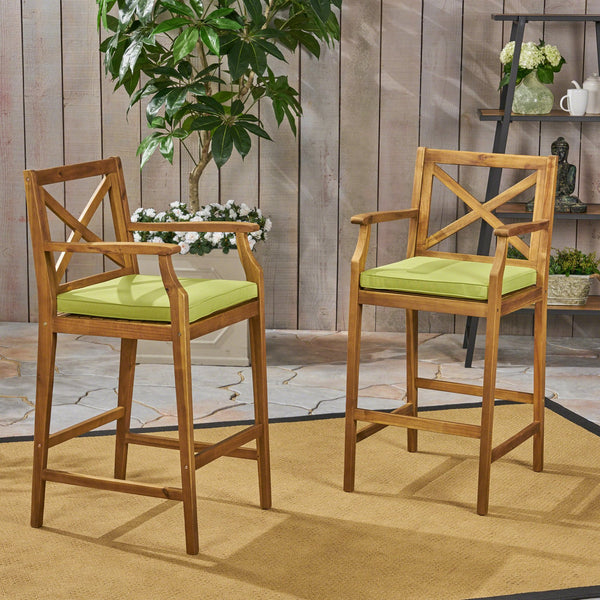 English Elm Christopher Knight Home® - PERLA Acacia Wood Outdoor Barstool Set of 2 with Water-Resistant Cushions, Cross-Back Farmhouse Charm Green 63748.00GRN