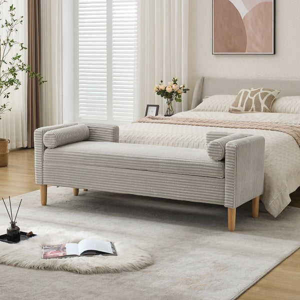 English Elm 65.35"Wide Corduroy Storage Bench with Backrest and Armrests, Solid Wood Frame, 350LB Capacity Light Gray W3118P254211