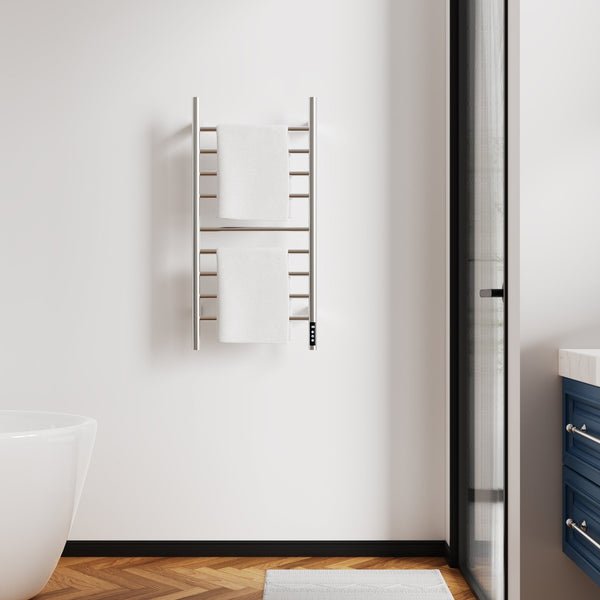 English Elm Brushed Heated Towel Rack 9-Bar Wall-Mount, 150W Carbon Fiber Warmer with Timer, IPX4 Waterproof, 110V T3177P305031