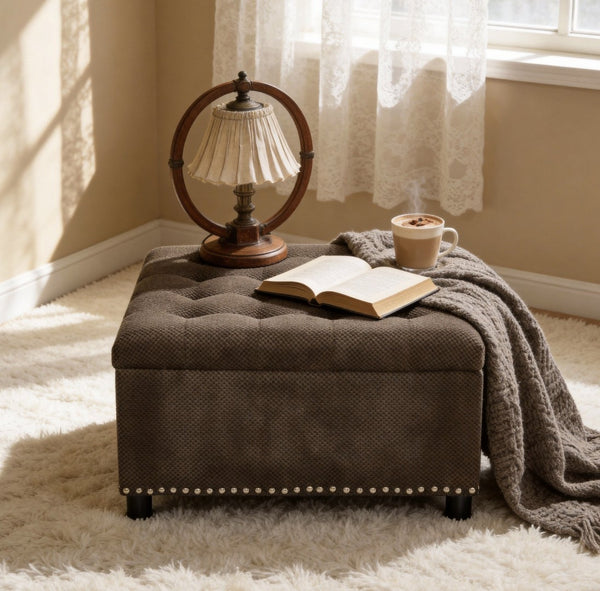 English Elm Storage Ottoman Tufted Nailhead Trim Lift Top Footstool for Living Room or Bedroom Coffee W5568P447091