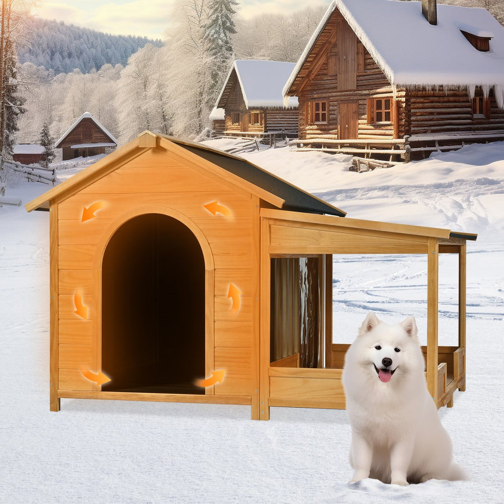 English Elm 60.2" Insulated Outdoor Dog House with Porch & Asphalt Roof, Elevated Pine Kennel for Dogs up to 120 lbs N704G201612A