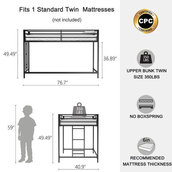 English Elm Adam Sturdy Junior Twin Loft Bed Black with Full Guardrails, Metal Slats, Ladder & Assembly Tool B083P168426