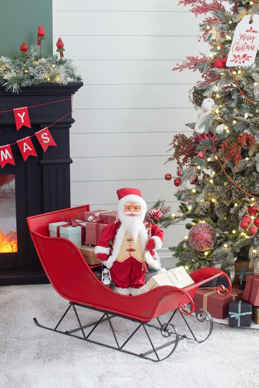 English Elm 39x17.7x22"H Iron Red/Black Santa Sleigh Figurine - Distressed Metal Mantel Decor, Festive Holiday Accent for Winter Display W2078P237024