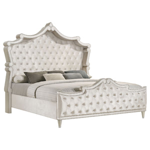 English Elm Justine Ivory Upholstered Tufted California King Bed with Camelback Headboard, Nailhead Trim & Chrome Legs B062S00928