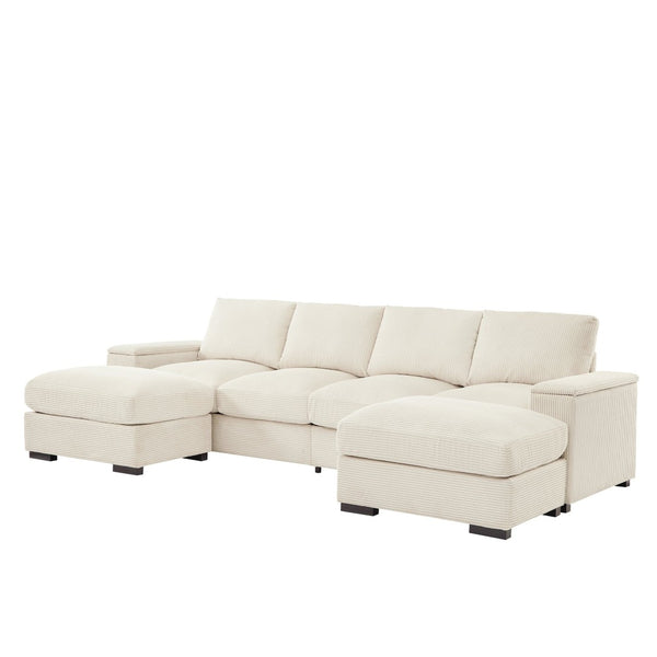 English Elm 122"l Corduroy Sectional with Dual Ottomans Modular U-shape Sofa for Modern Living Beige W1669S00020