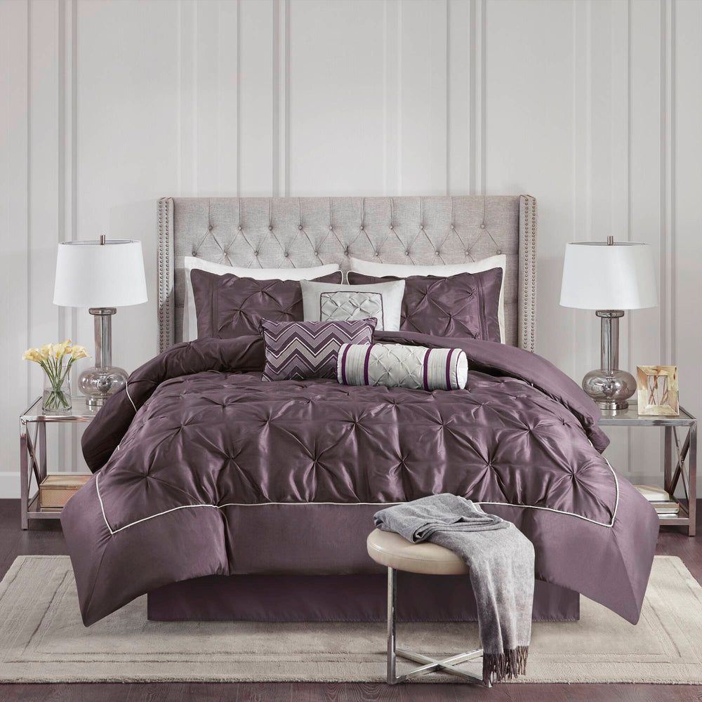 JLA Home Madison Park - 7 Piece Tufted Comforter Set Laurel Deep Plum — Luxurious 7-Pc Polyester Quilt Set with Textured Panels and Easy Care MP10-255