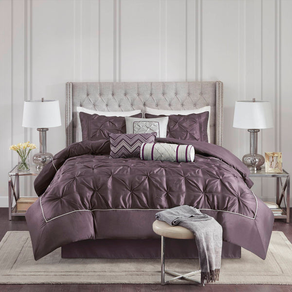 JLA Home Madison Park - 7 Tufted Comforter Set with Textured Pieced Panels for Durable Softness and Easy Care Bedding Elegance Plum MP10-256