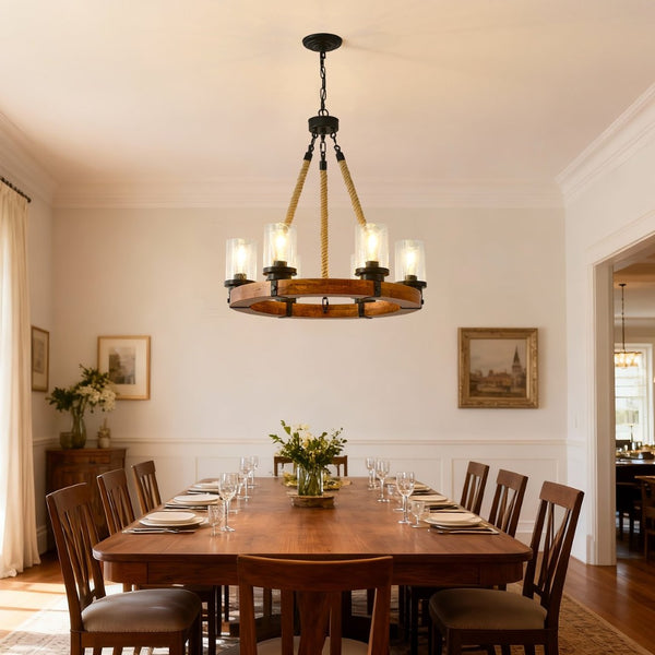 English Elm 23.62 Inch Wagon Wheel Chandelier Wood Metal Frame Seeded Glass Farmhouse Dining W5008P390657
